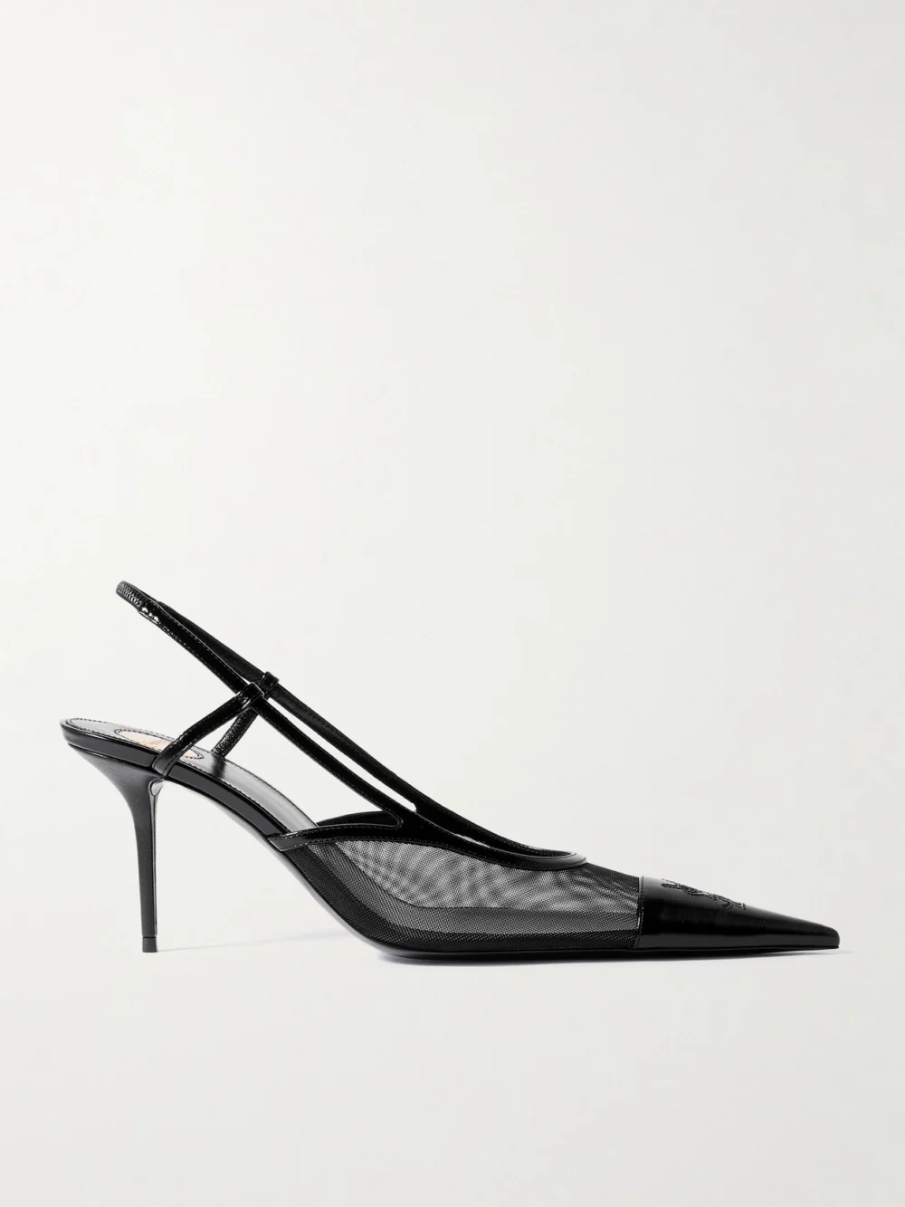 Saint Laurent Renée Cassandre-embroidered Patent Leather-trimmed Mesh Slingback Pumps in black
