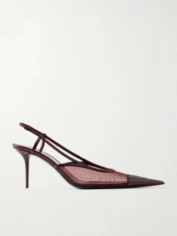 Saint Laurent Renée Cassandre-embroidered Patent Leather-trimmed Mesh Slingback Pumps