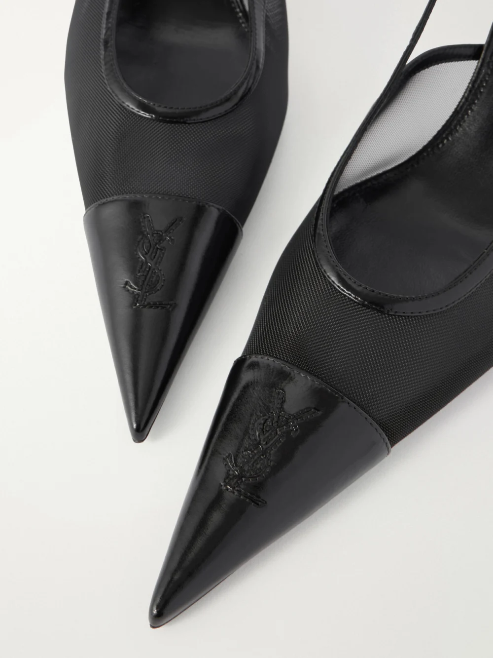 Close-up detail of the Saint Laurent Renée Embroidered Patent Leather-trimmed Mesh Slingback Pumps
