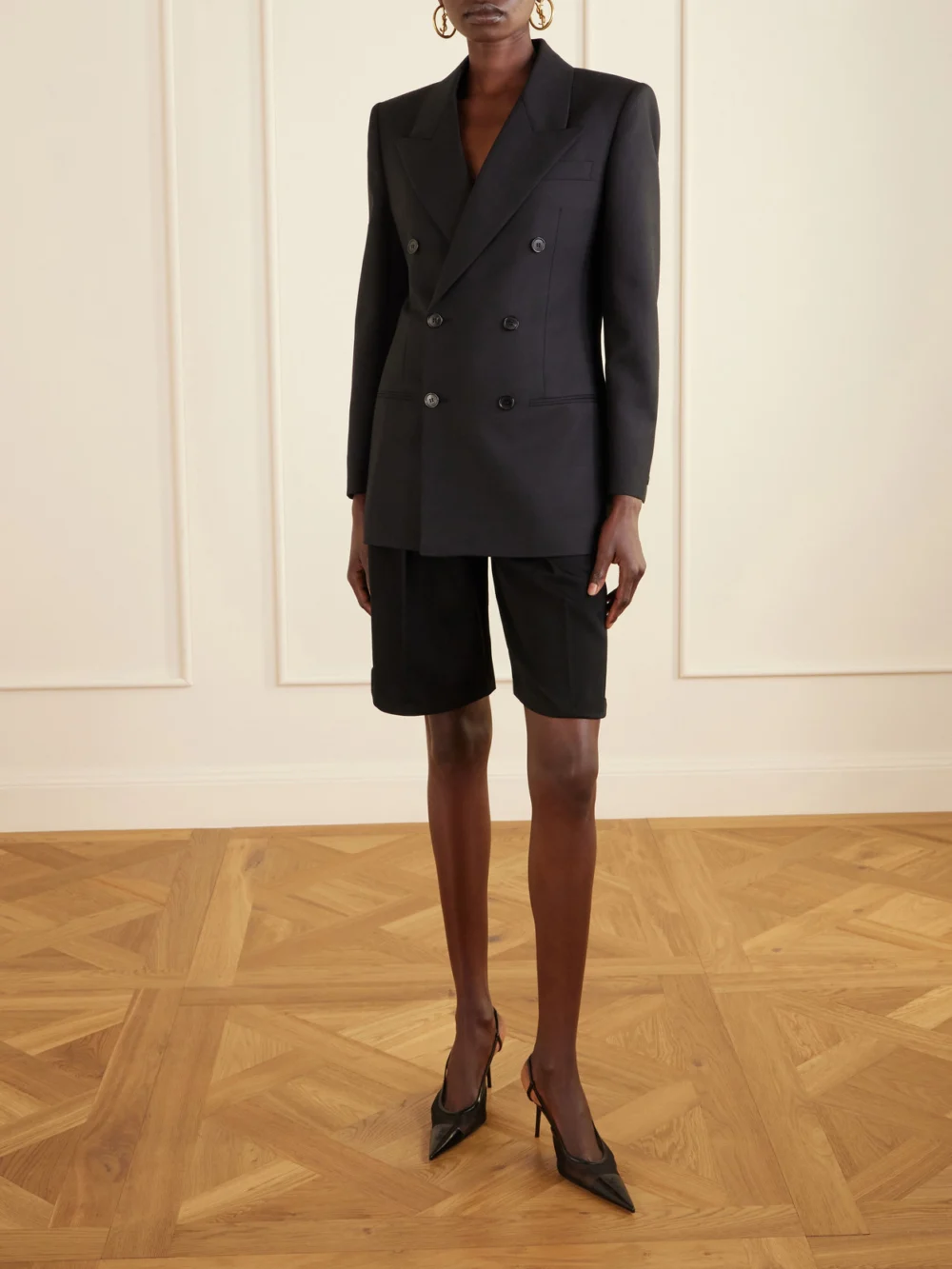 Saint Laurent Renée Embroidered Patent Leather-trimmed Mesh Slingback Pumps, styled view