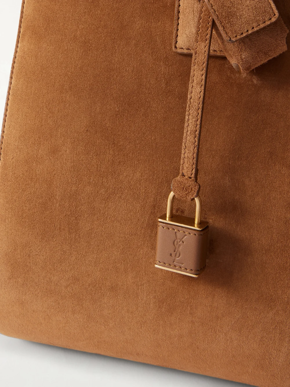 Close-up detail of the Saint Laurent Sac De Jour Large Suede Tote