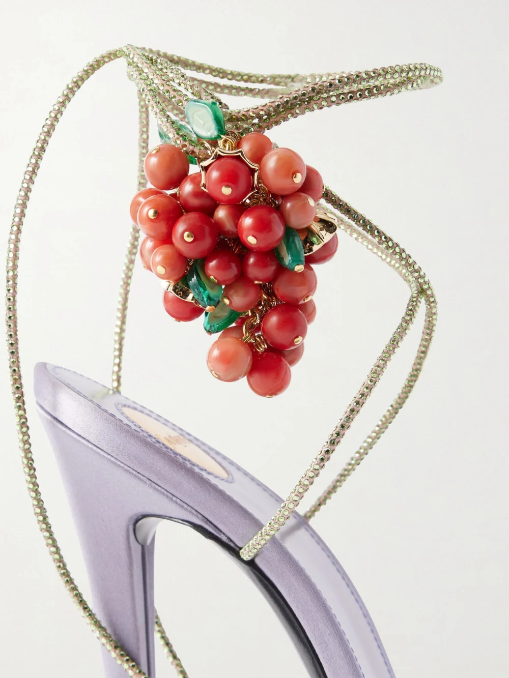 Close-up detail of the Saint Laurent Suede-trimmed Embellished Satin Sandals