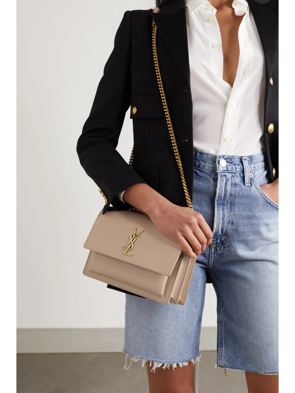 Saint Laurent Sunset Medium Leather Shoulder Bag, styled view