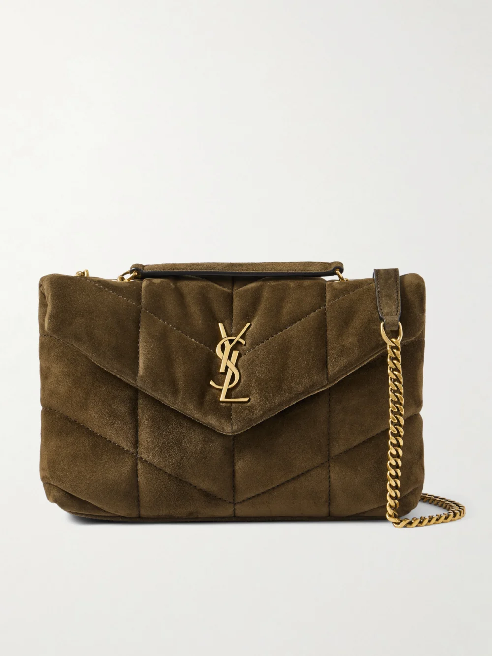 Saint Laurent Toy Puffer Matelassé Leather-trimmed Suede Shoulder Bag in brown