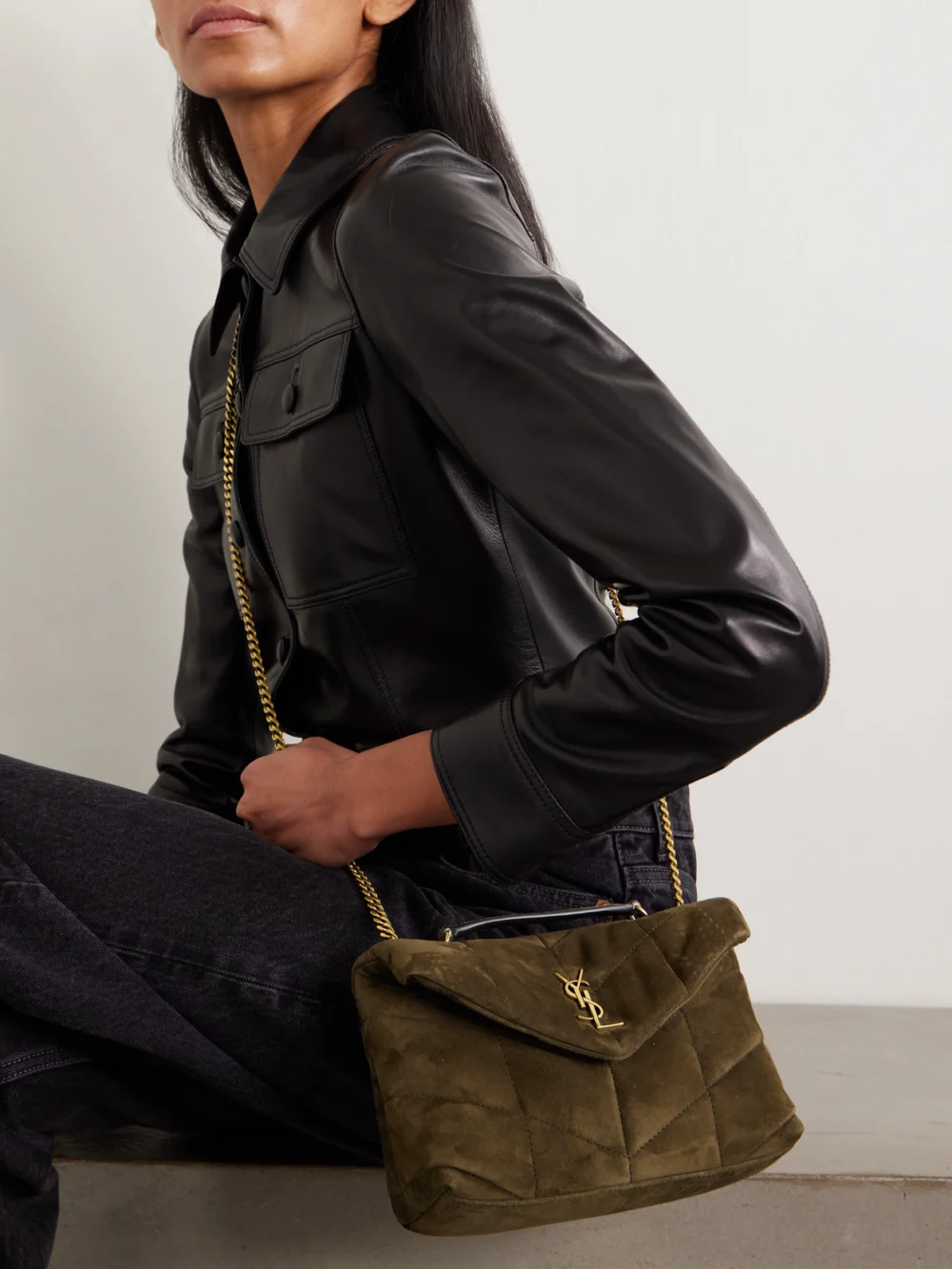 Saint Laurent Toy Puffer Matelassé Leather-trimmed Suede Shoulder Bag, styled view