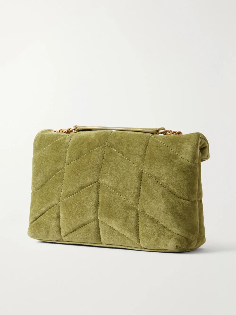 Back view of the Saint Laurent Toy Puffer Matelassé Leather-trimmed Suede Shoulder Bag
