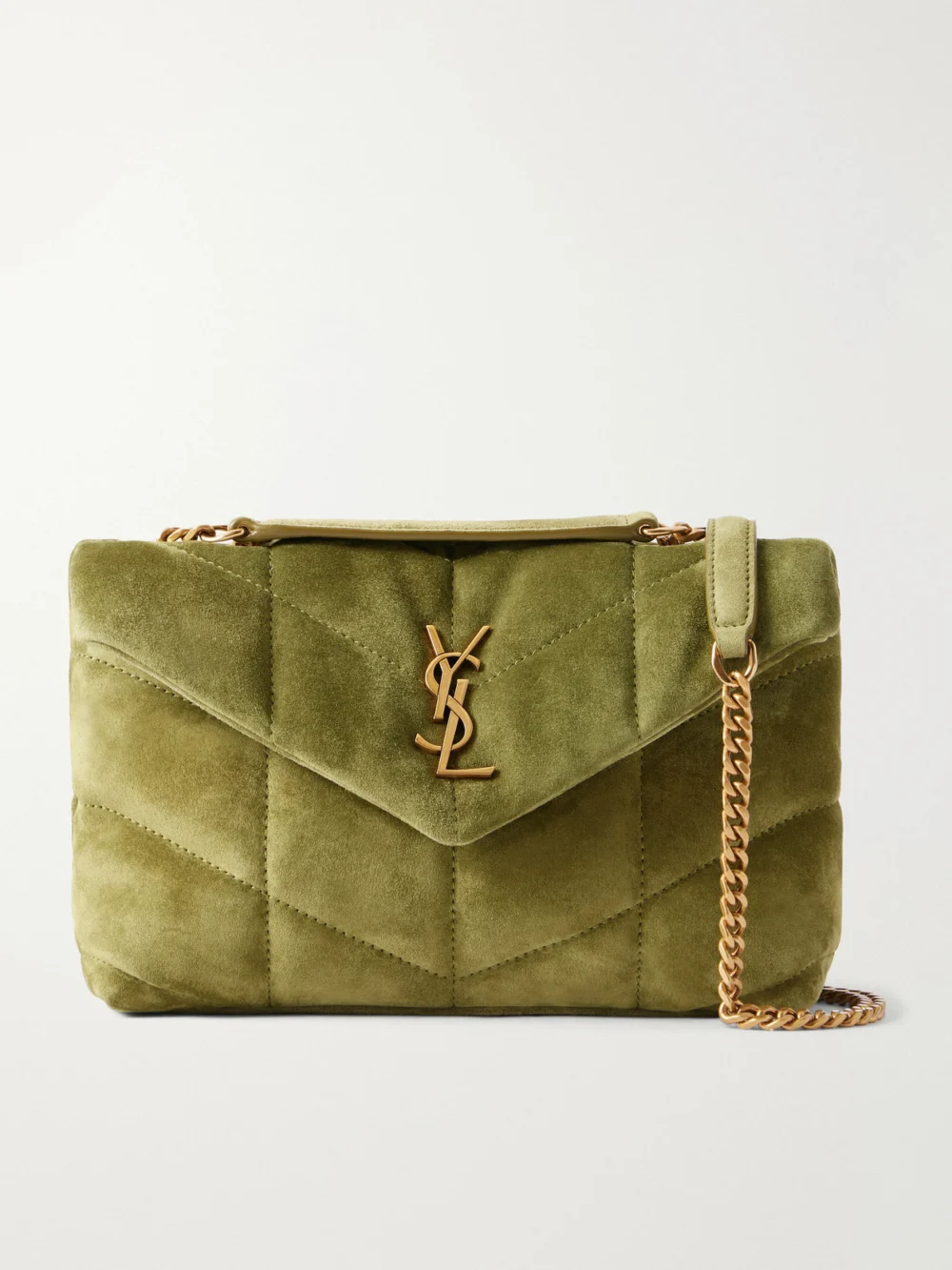 Saint Laurent Toy Puffer Matelassé Leather-trimmed Suede Shoulder Bag in green