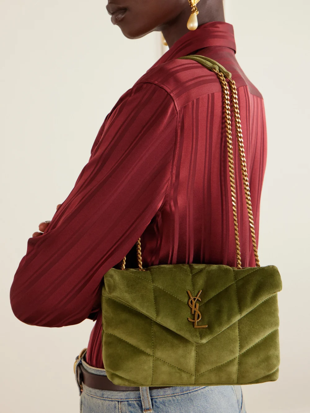 Saint Laurent Toy Puffer Matelassé Leather-trimmed Suede Shoulder Bag, styled view