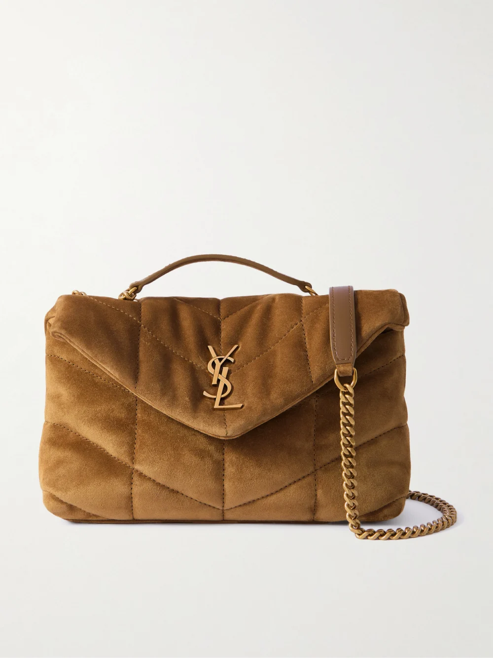 Saint Laurent Toy Puffer Matelassé Leather-trimmed Suede Shoulder Bag in leaf green