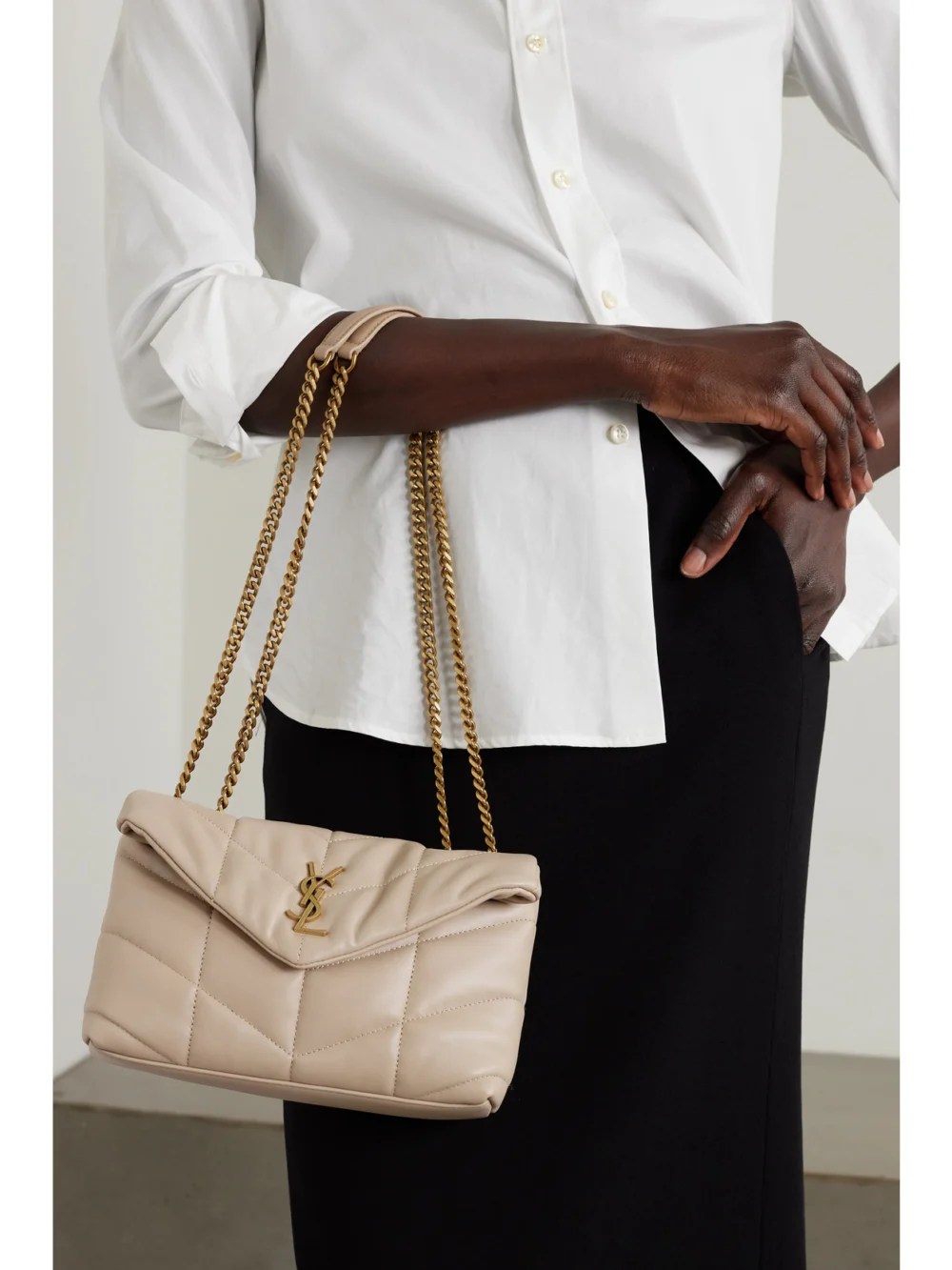 Saint Laurent Toy Puffer Mini Matelassé Leather Shoulder Bag, styled view