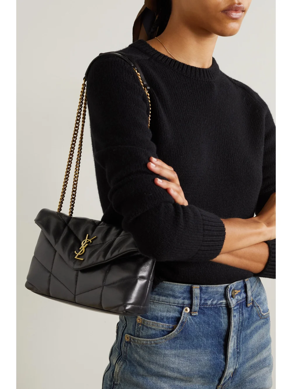 Saint Laurent Toy Puffer Mini Matelassé Leather Shoulder Bag, styled view