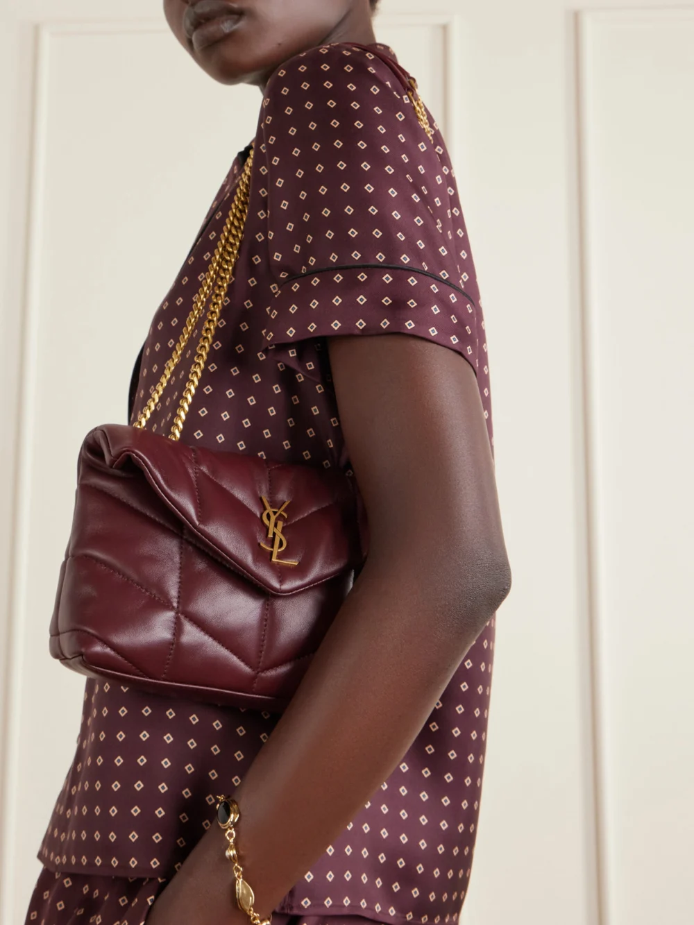 Saint Laurent Toy Puffer Mini Matelassé Leather Shoulder Bag, styled view