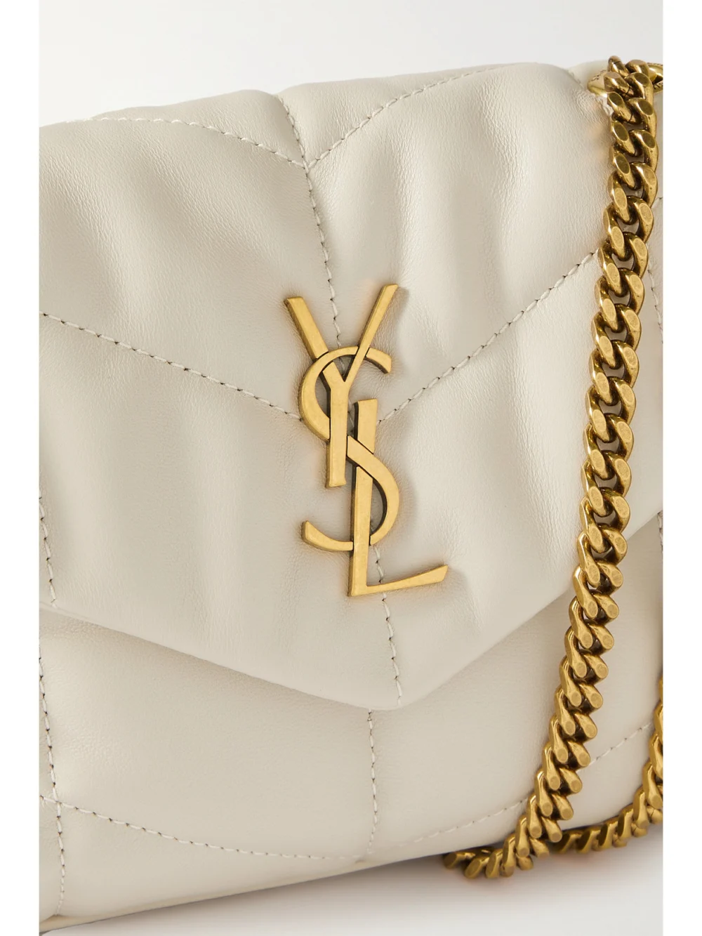 Close-up detail of the Saint Laurent Toy Puffer Mini Matelassé Leather Shoulder Bag