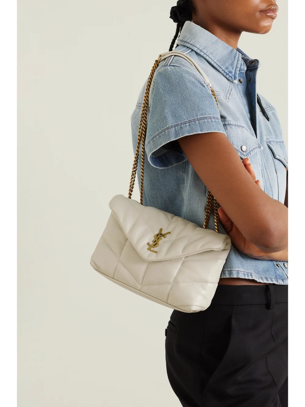 Saint Laurent Toy Puffer Mini Matelassé Leather Shoulder Bag, styled view