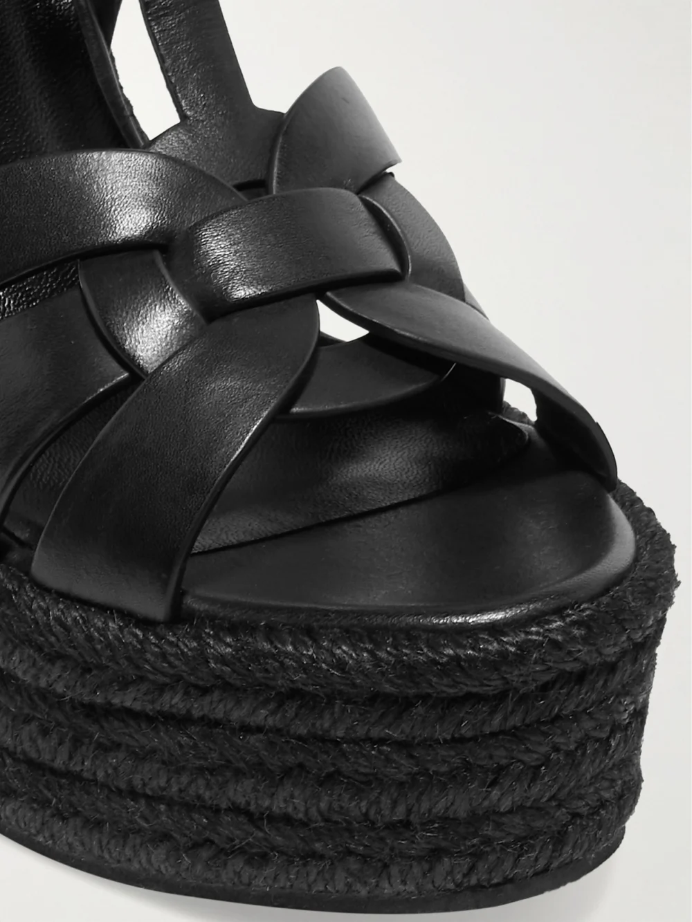Close-up detail of the Saint Laurent Tribute Woven Leather Espadrille Wedge Sandals