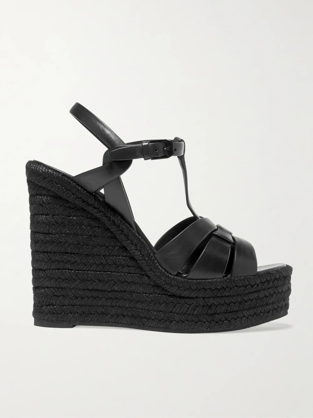 Saint Laurent Tribute Woven Leather Espadrille Wedge Sandals in black