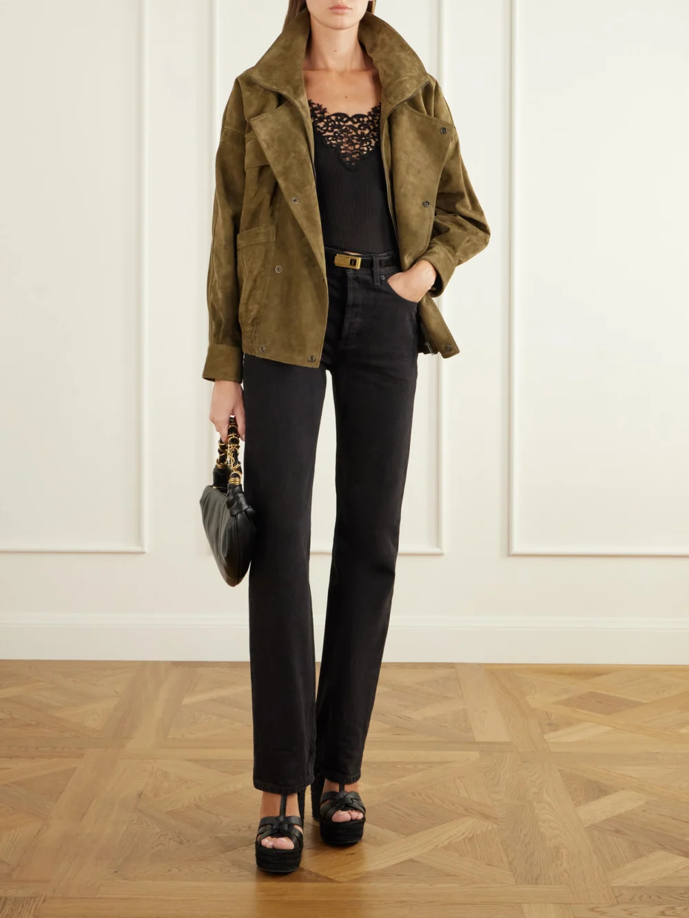 Saint Laurent Tribute Woven Leather Espadrille Wedge Sandals, styled view
