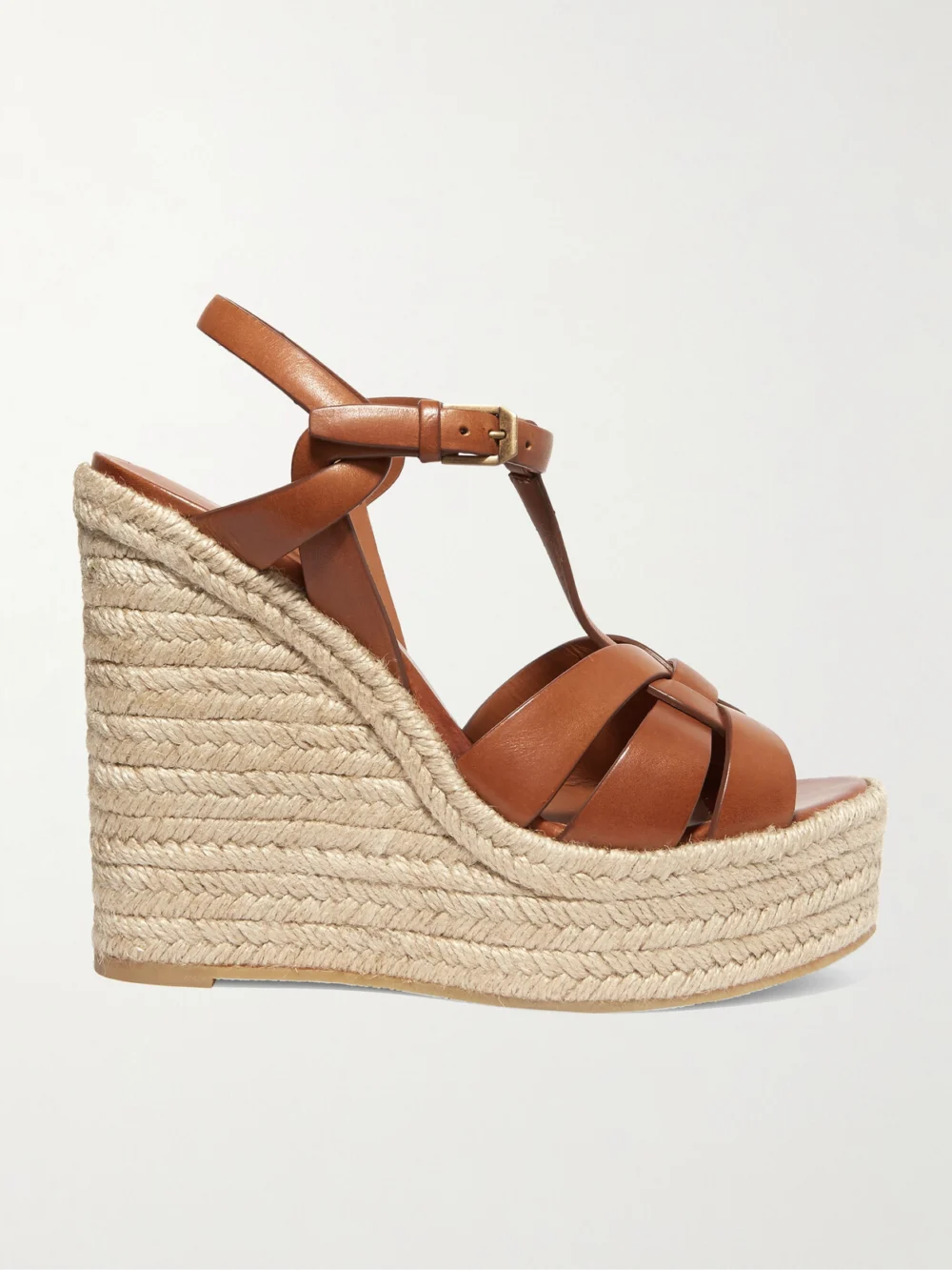 Saint Laurent Tribute Woven Leather Espadrille Wedge Sandals in tan