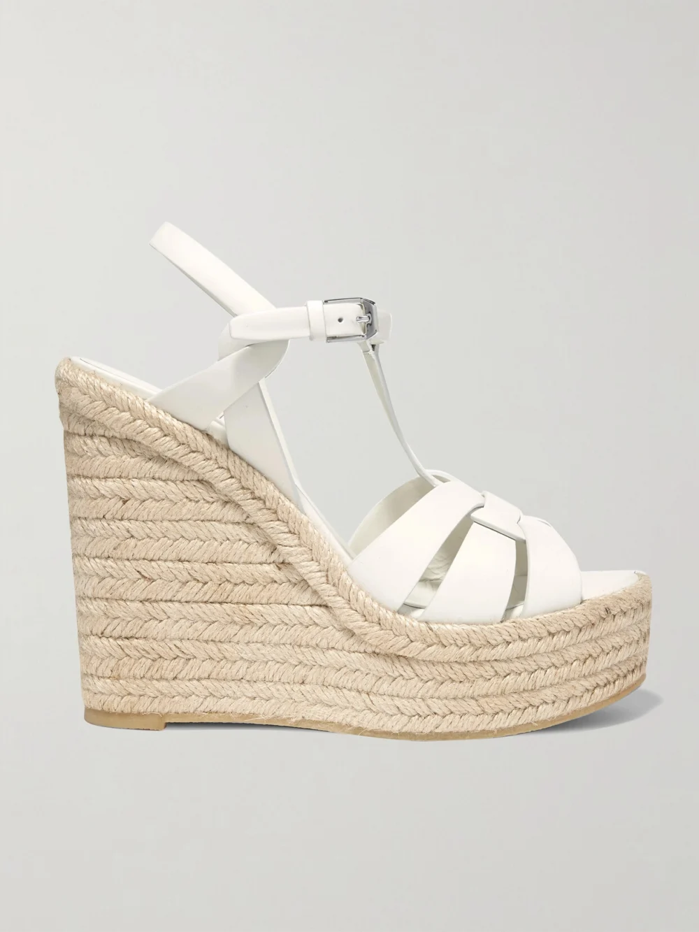 Saint Laurent Tribute Woven Leather Espadrille Wedge Sandals in white
