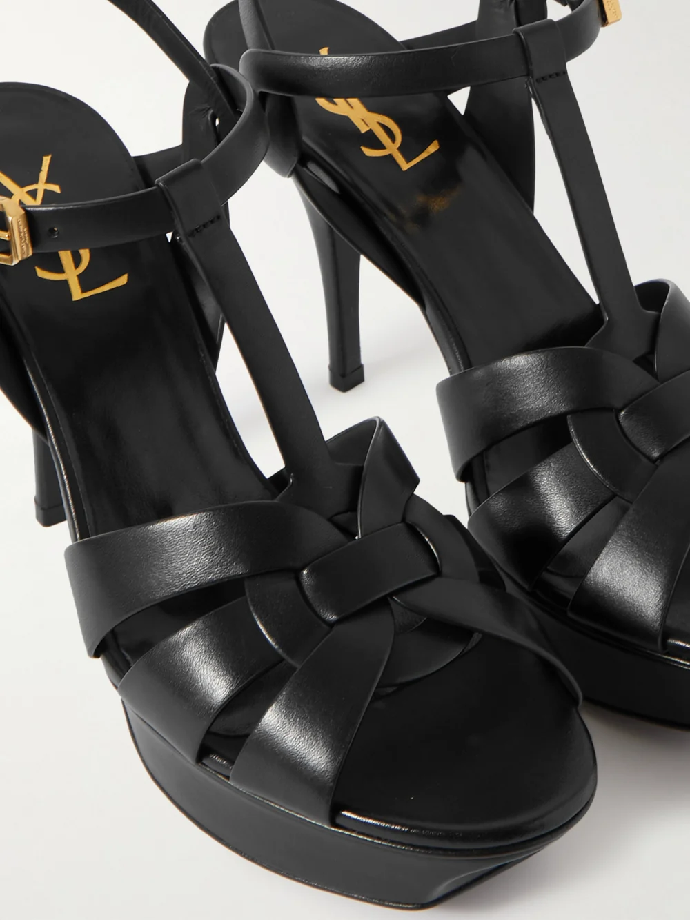 Close-up detail of the Saint Laurent Tribute Woven Leather Platform Sandals