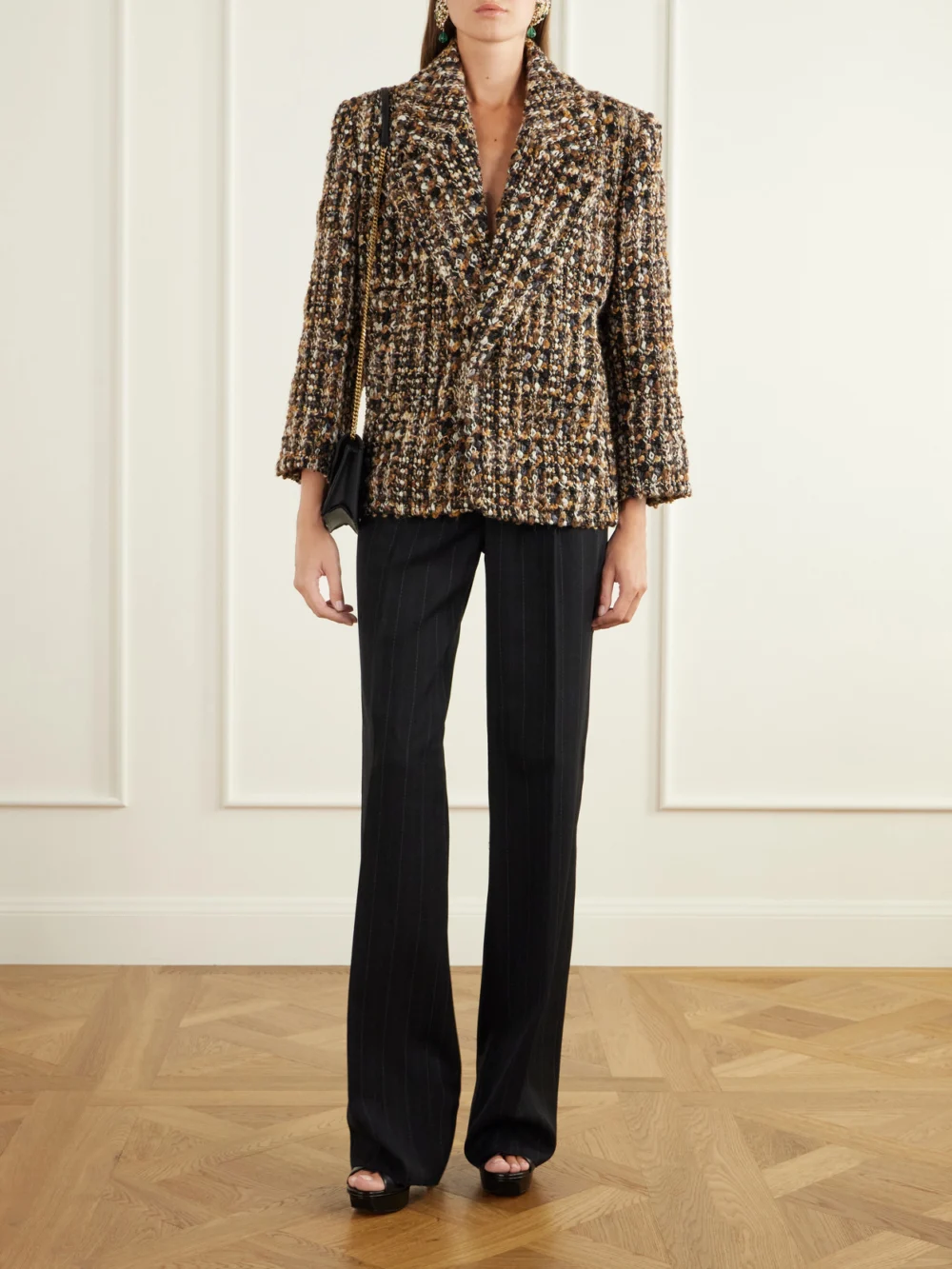 Saint Laurent Tribute Woven Leather Platform Sandals, styled view