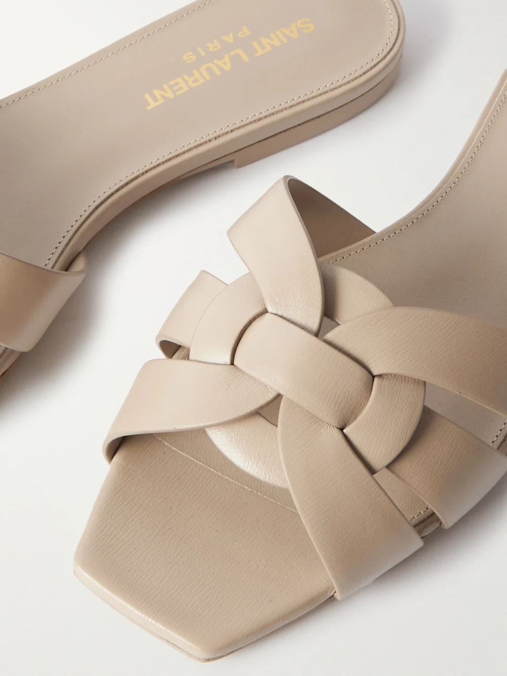 Close-up detail of the Saint Laurent Tribute Woven Leather Slides