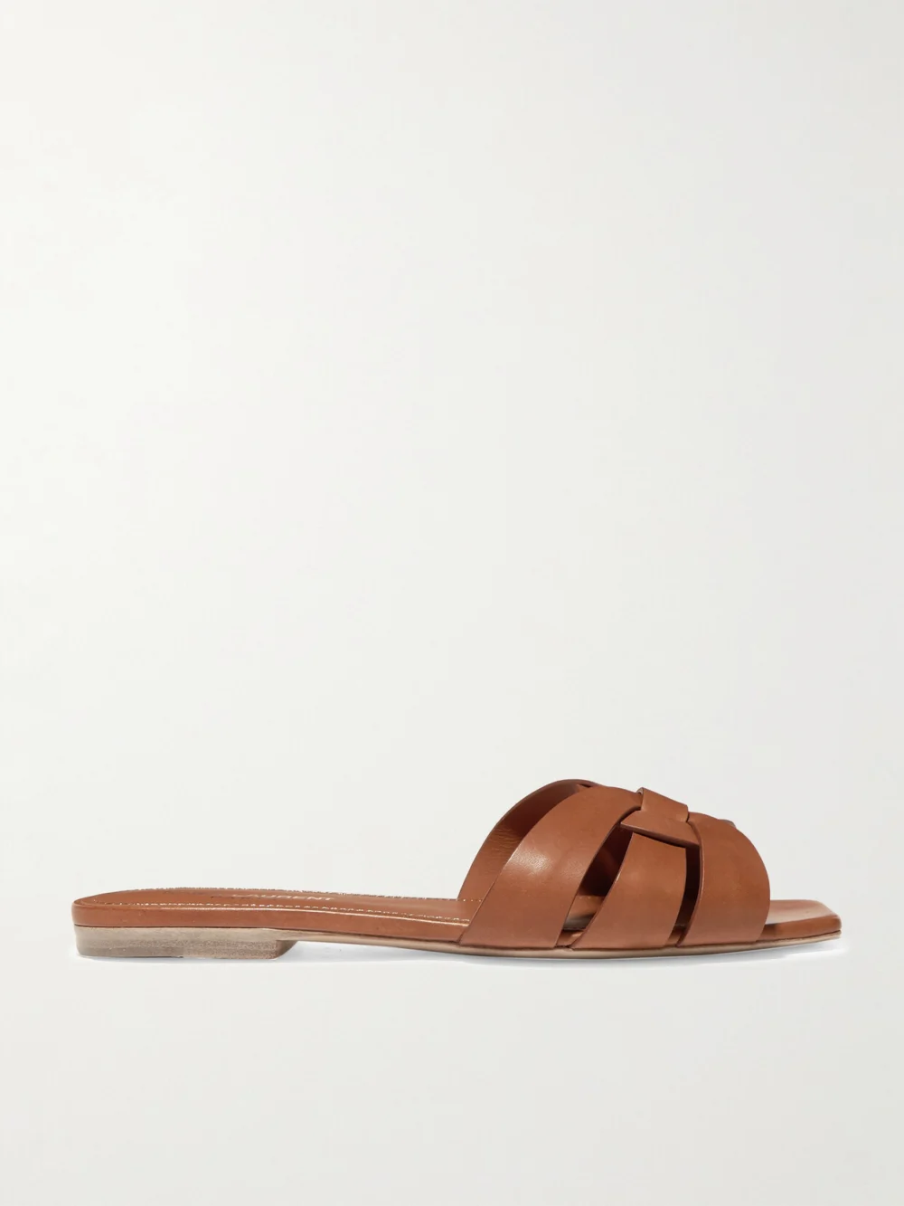 Saint Laurent Tribute Woven Leather Slides in tan