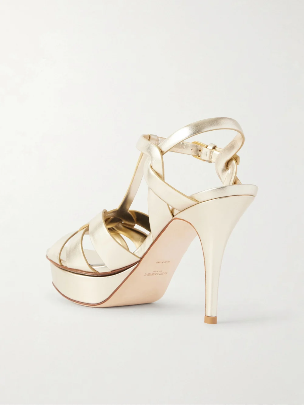 Back view of the Saint Laurent Tribute Woven Metallic Leather Platform Sandals