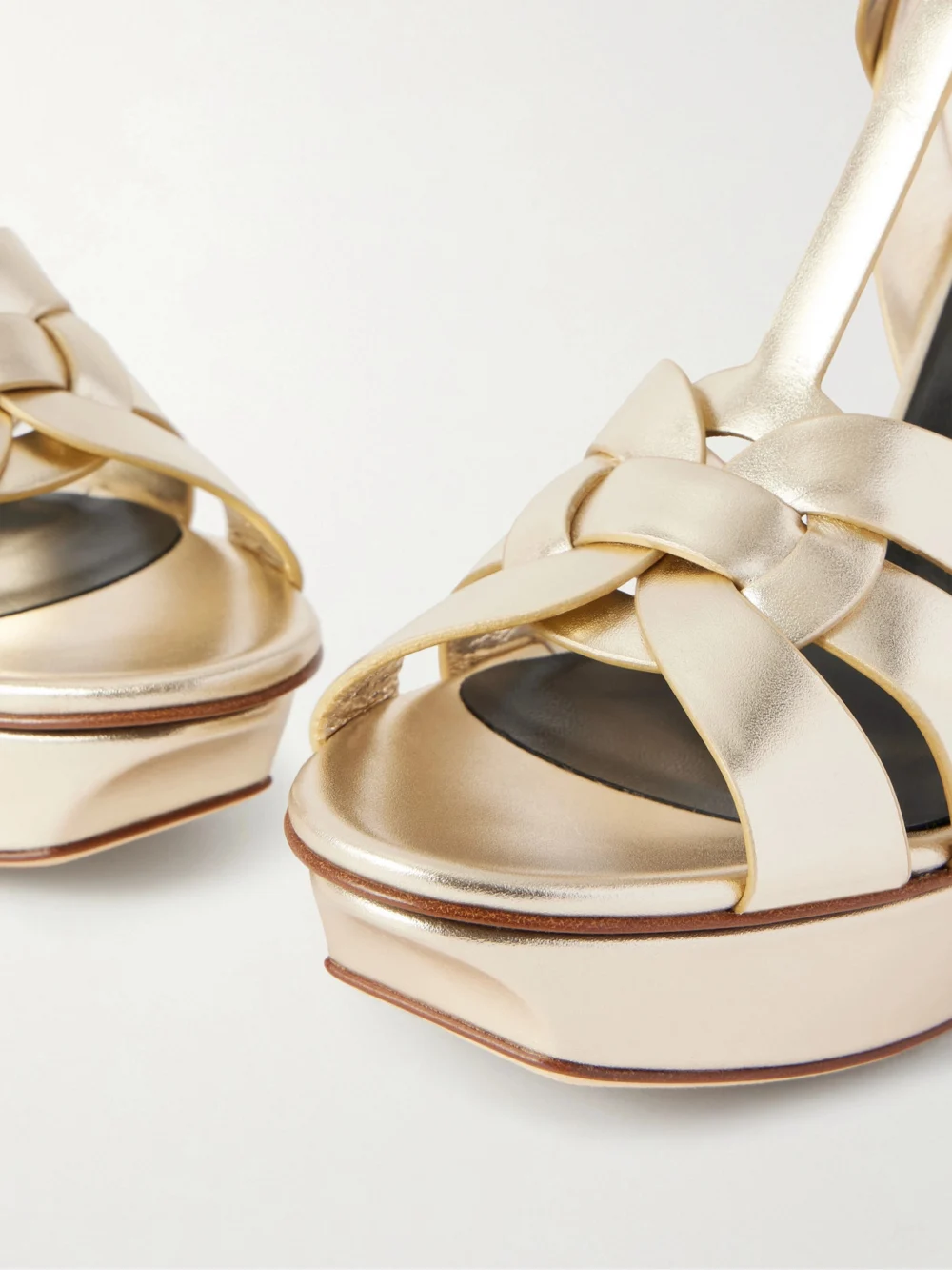 Close-up detail of the Saint Laurent Tribute Woven Metallic Leather Platform Sandals