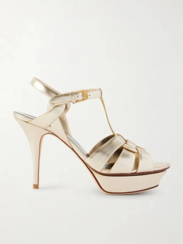 Saint Laurent Tribute Woven Metallic Leather Platform Sandals