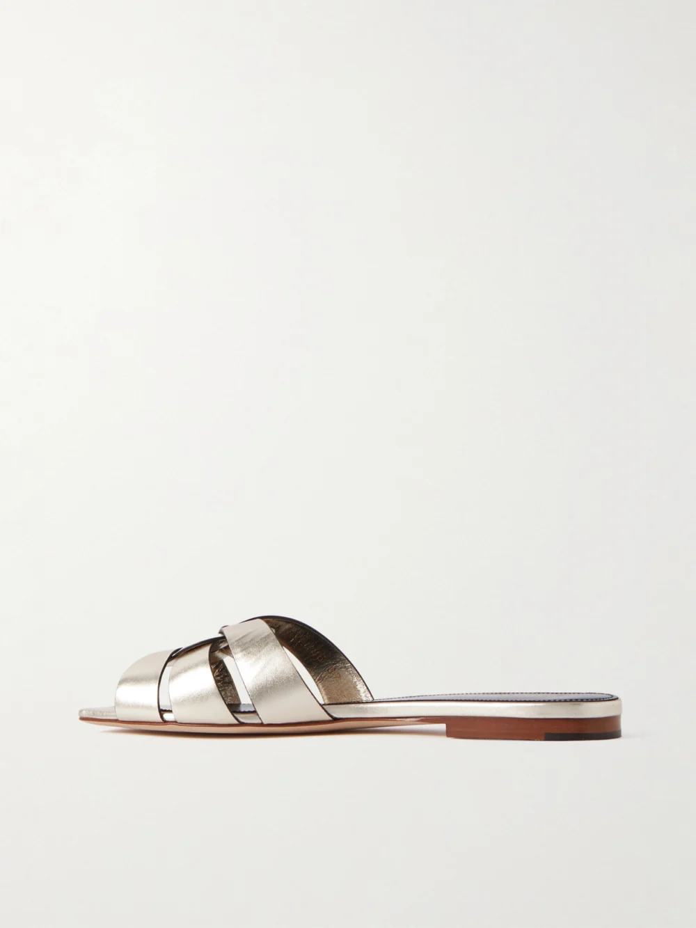 Back view of the Saint Laurent Tribute Woven Metallic Leather Slides