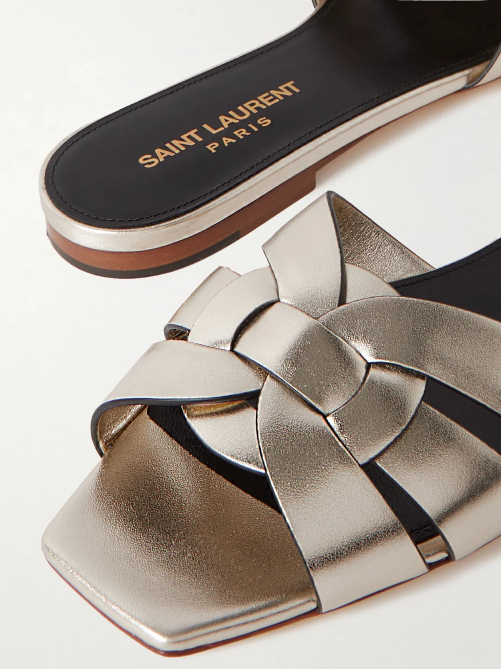 Close-up detail of the Saint Laurent Tribute Woven Metallic Leather Slides
