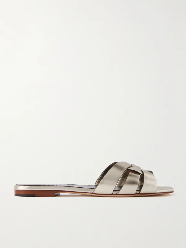 Saint Laurent Tribute Woven Metallic Leather Slides
