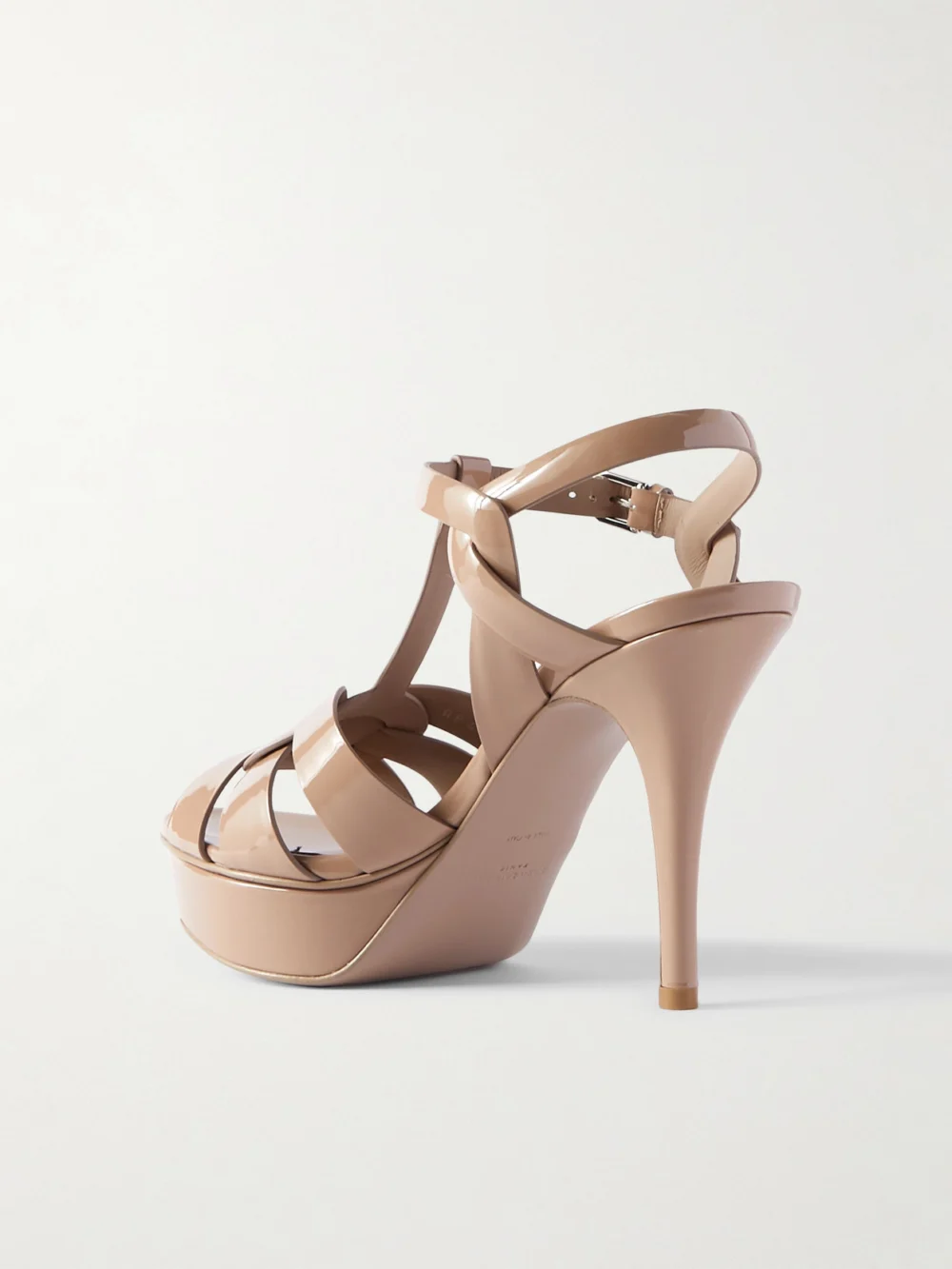 Back view of the Saint Laurent Tribute Woven Patent-leather Platform Sandals