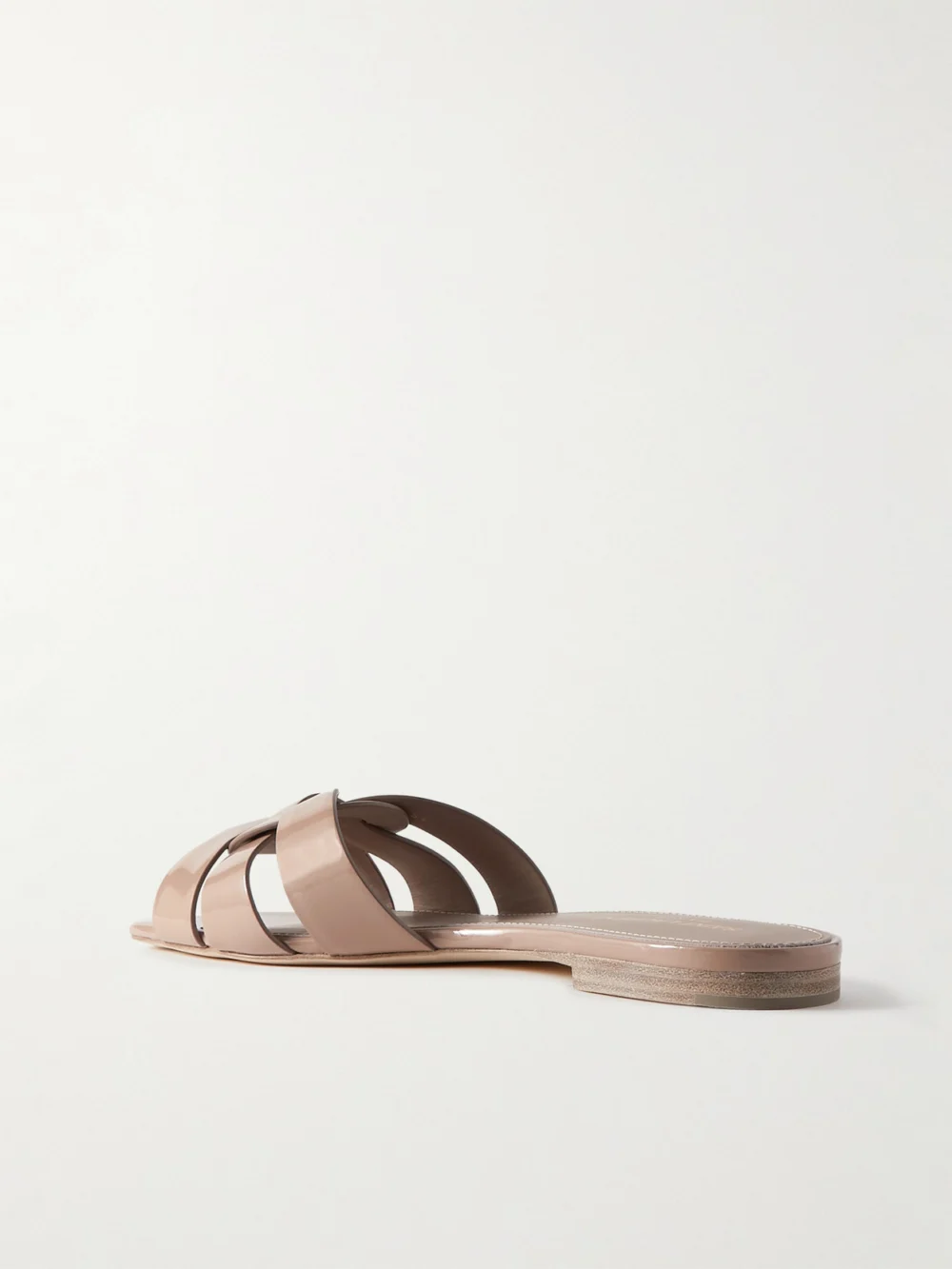 Back view of the Saint Laurent Tribute Woven Patent-leather Slides