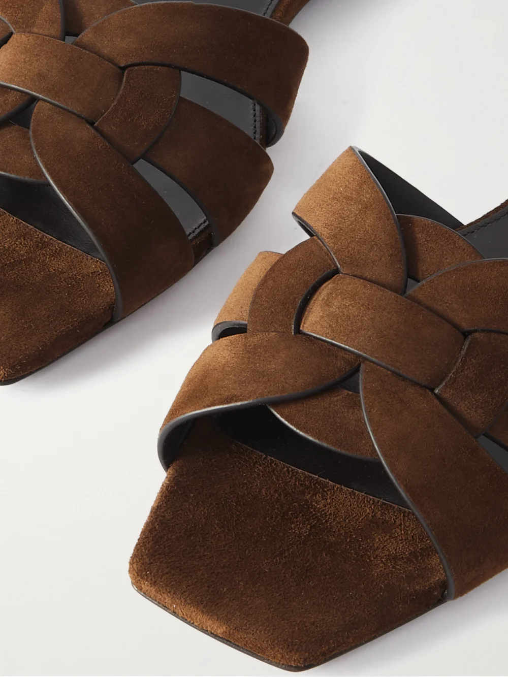 Close-up detail of the Saint Laurent Tribute Woven Suede Slides