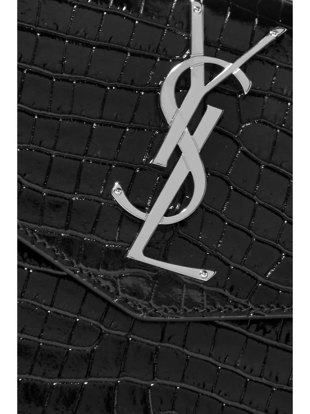 Close-up detail of the Saint Laurent Uptown Croc-effect Patent-leather Pouch