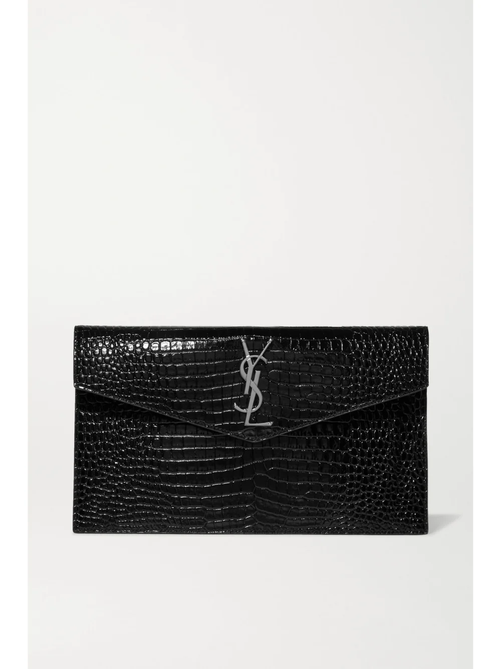 Saint Laurent Uptown Croc-effect Patent-leather Pouch in black