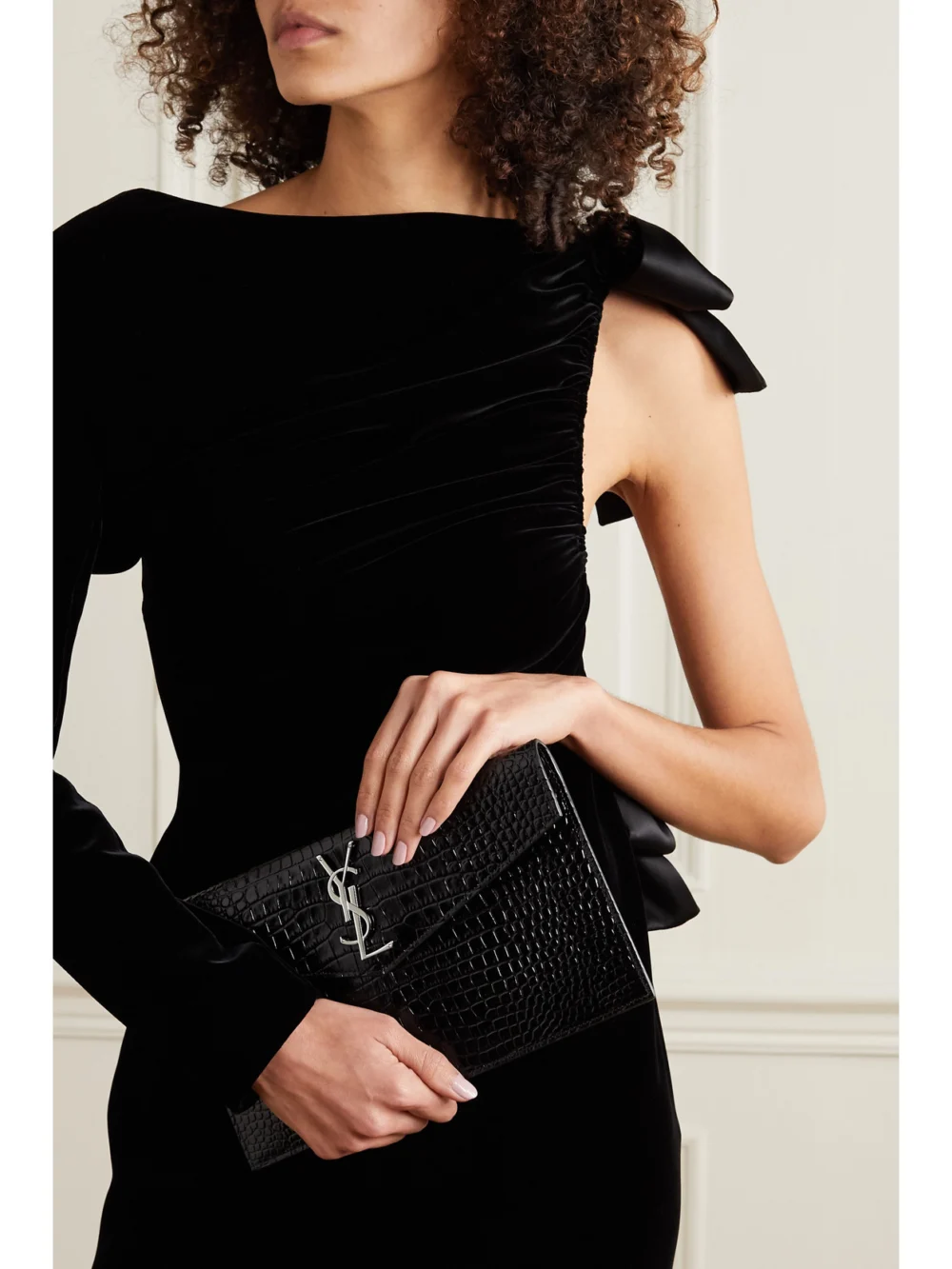 Saint Laurent Uptown Croc-effect Patent-leather Pouch, styled view