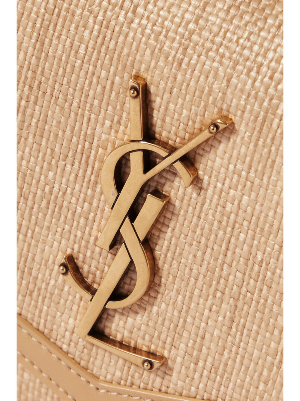 Close-up detail of the Saint Laurent Uptown Micro Leather-trimmed Raffia Shoulder Bag