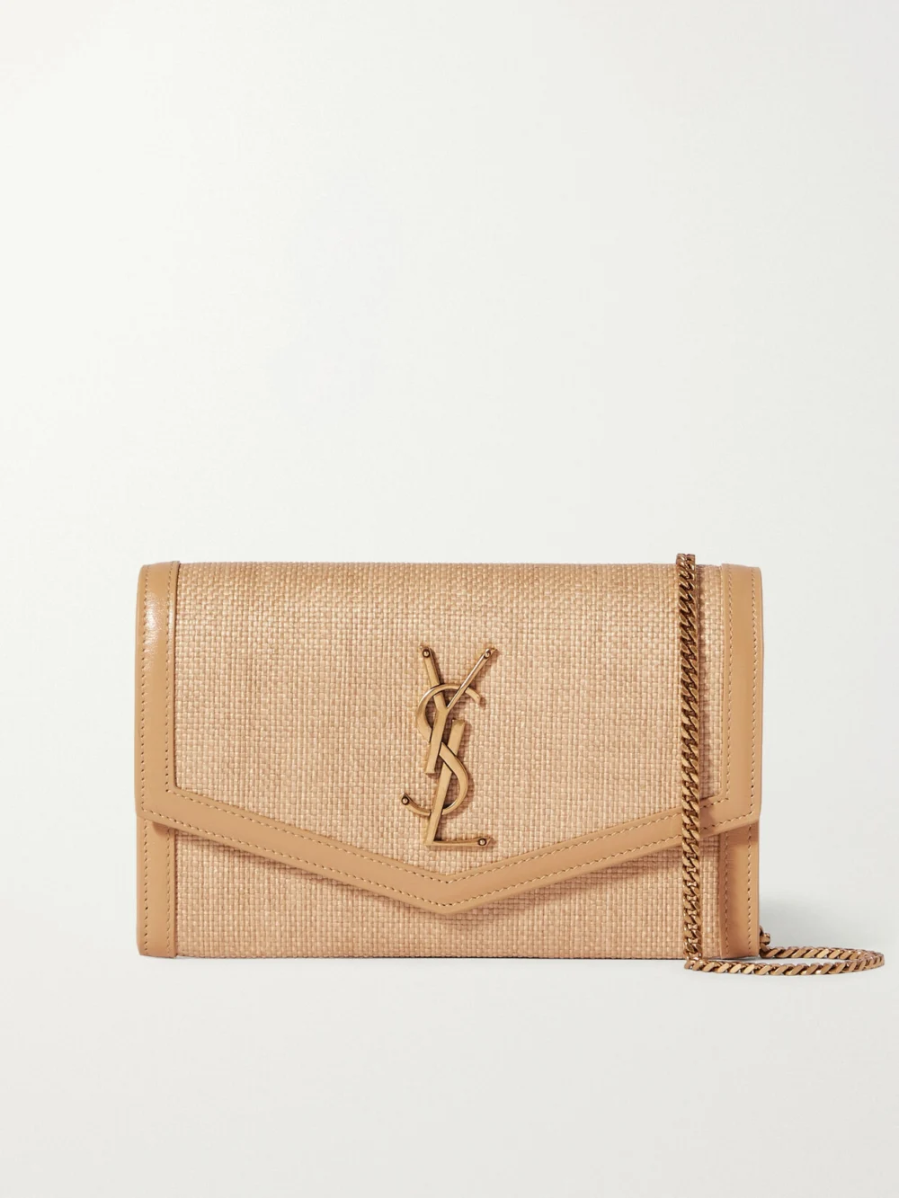 Saint Laurent Uptown Micro Leather-trimmed Raffia Shoulder Bag in beige