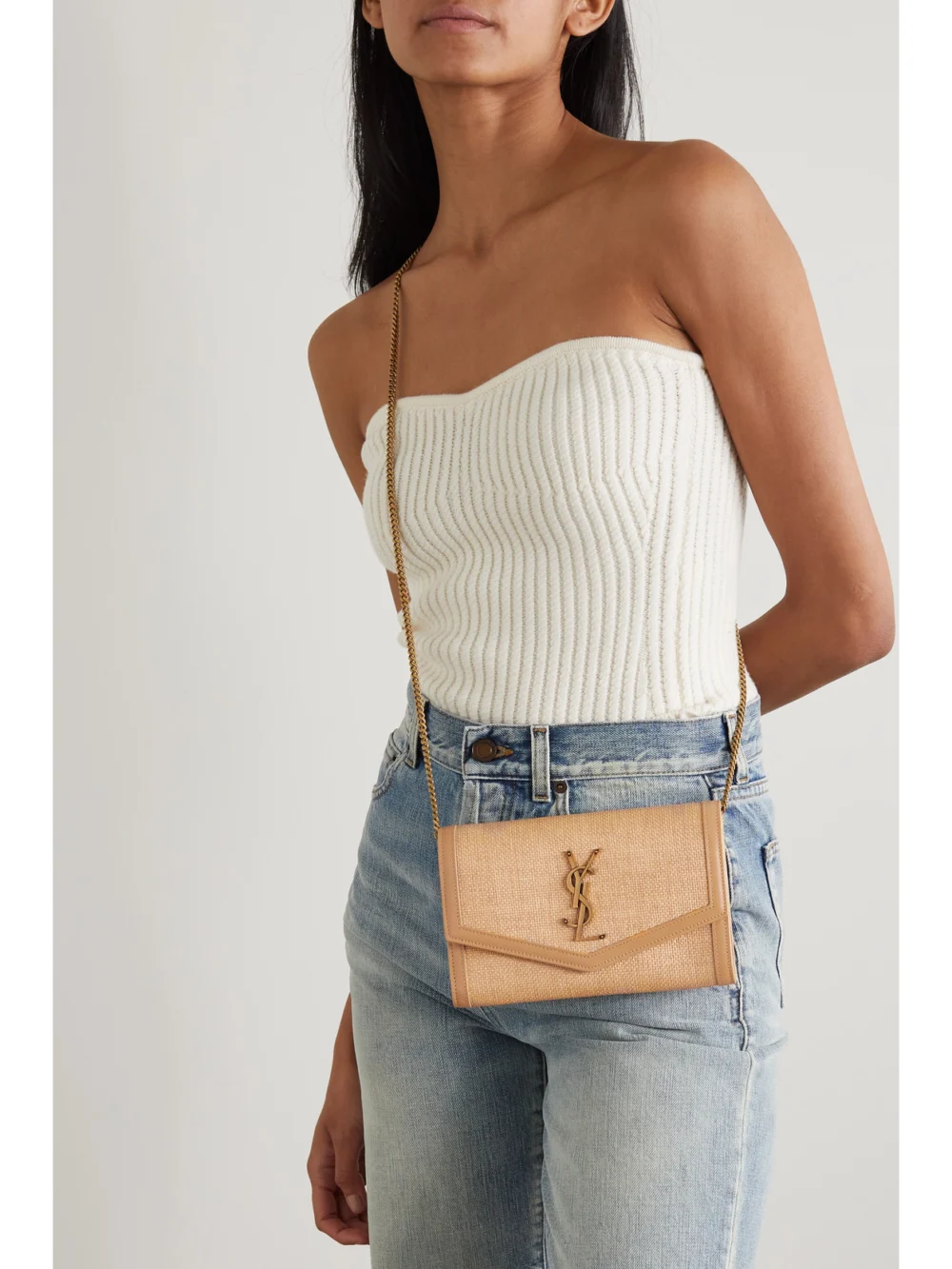 Saint Laurent Uptown Micro Leather-trimmed Raffia Shoulder Bag, styled view