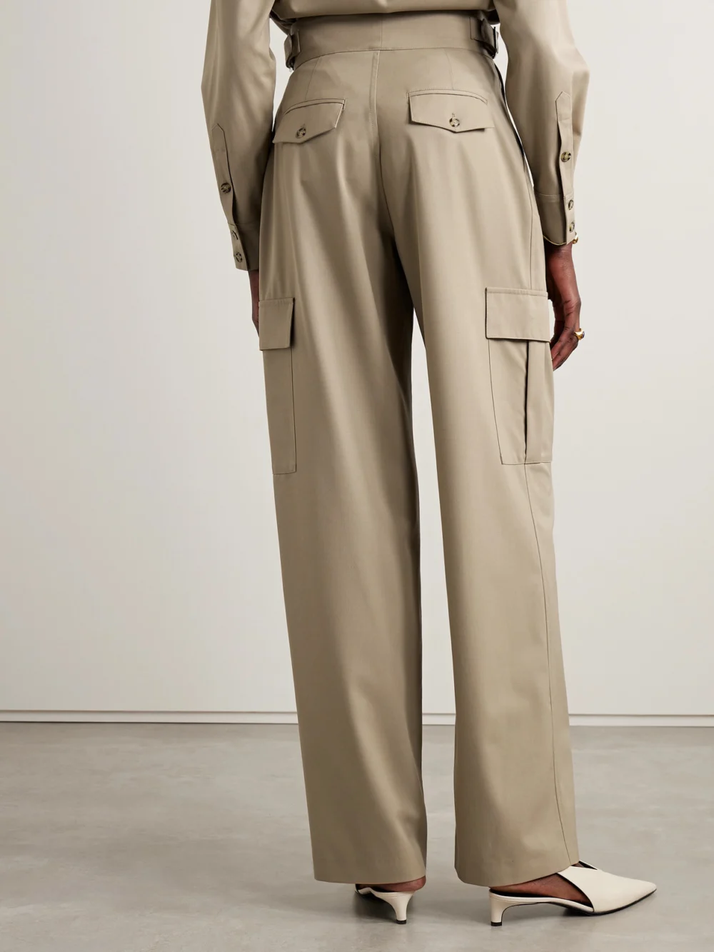 Back view of the Salon 1884 Buckled Pleated Twill Straight-leg Cargo Pants