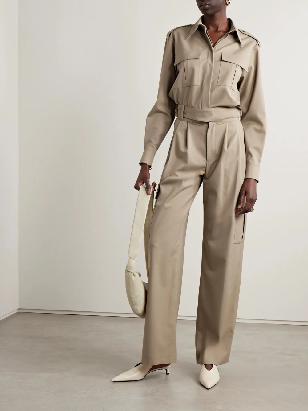 Salon 1884 Buckled Pleated Twill Straight-leg Cargo Pants, worn by a model