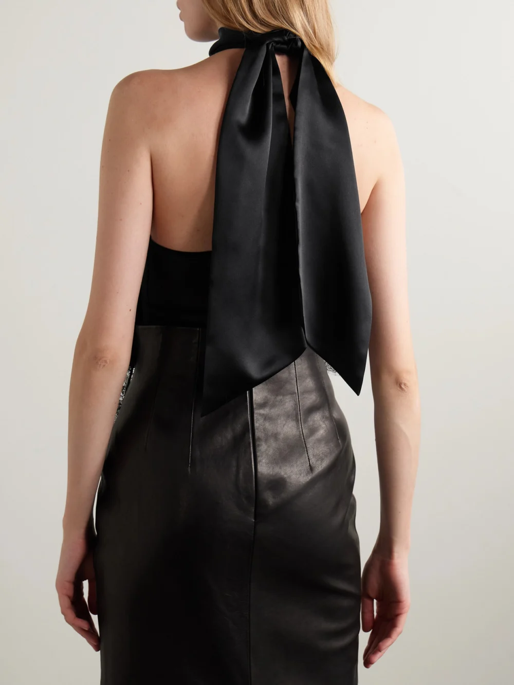 Back view of the Salon 1884 Farrusi Lace-trimmed Silk-blend Satin Halterneck Thong Bodysuit