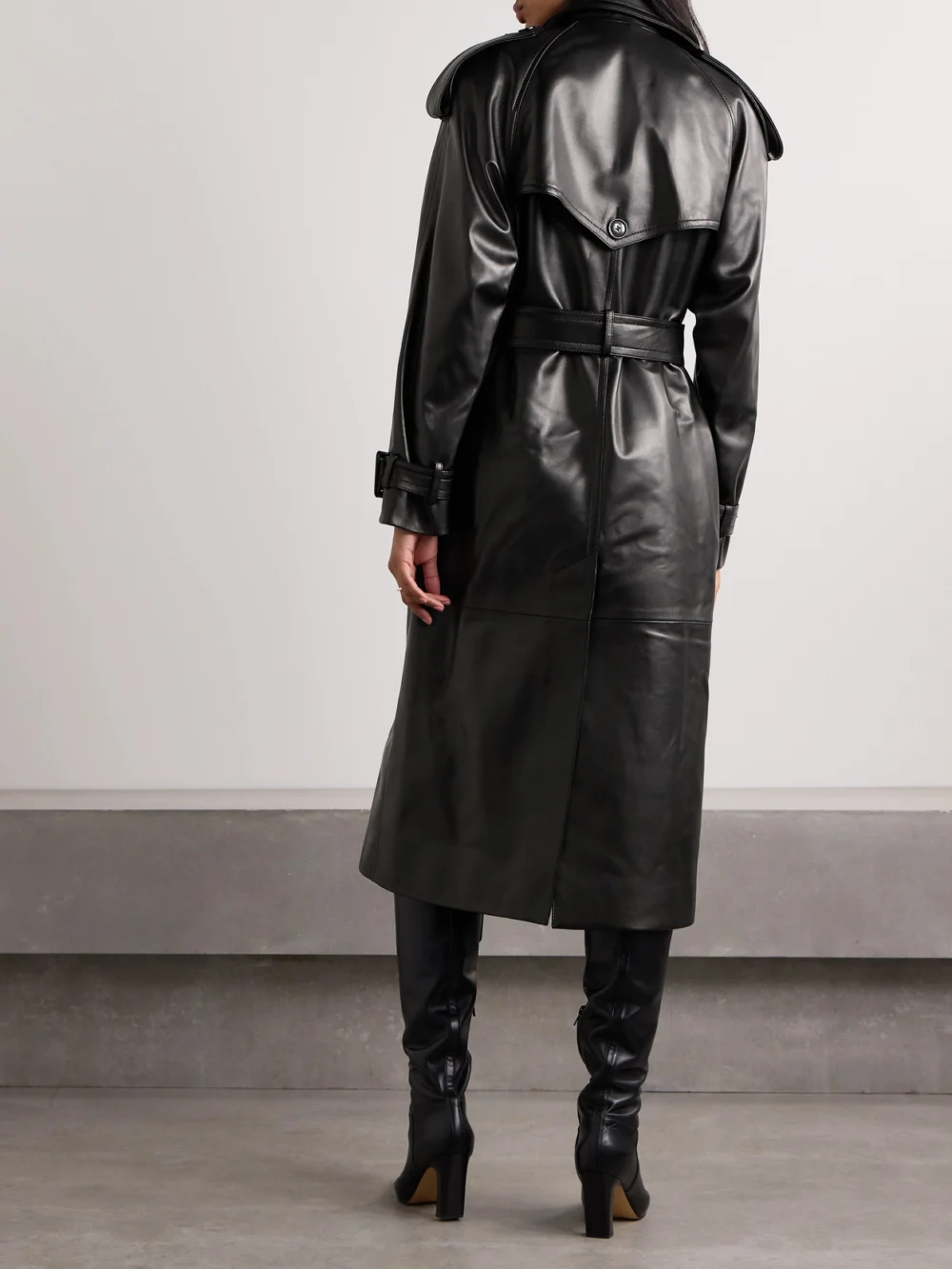 Back view of the Salon 1884 Filippa Double-breasted Belted Leather Trench Coat