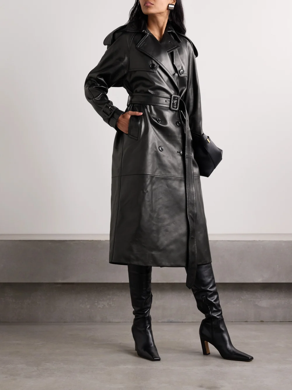 Salon 1884 Filippa Double-breasted Belted Leather Trench Coat, worn by a model