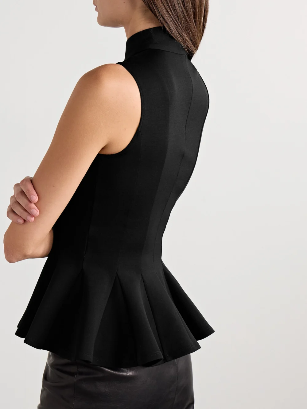 Back view of the Salon 1884 Ismay Paneled Wool-blend Peplum Turtleneck Top
