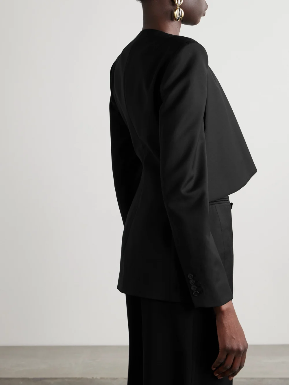 Back view of the Salon 1884 Iveta Double-breasted Draped Wool Blazer