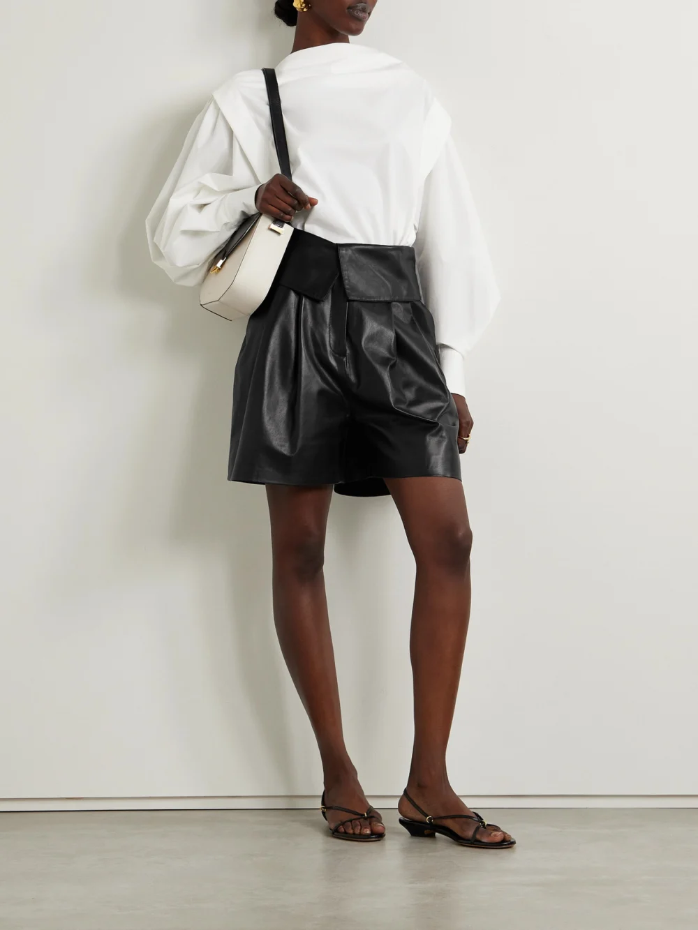 Salon 1884 Marca Layered Leather Shorts, worn by a model